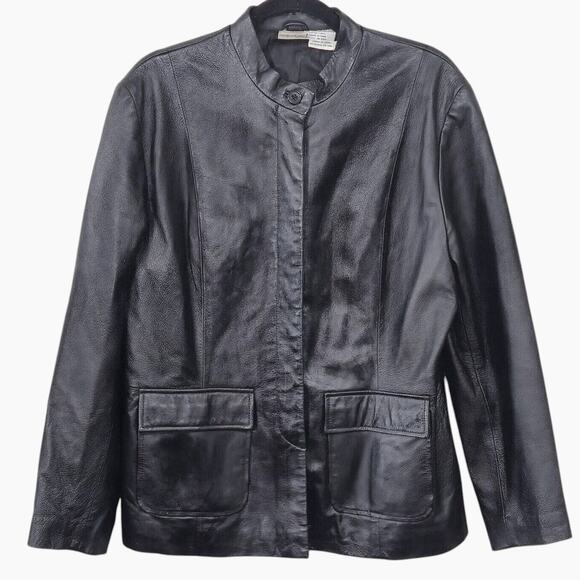 Newport News Women’s Leather Jacket L Retro Minimalist Genuine Black Button Down - Picture 1 of 8